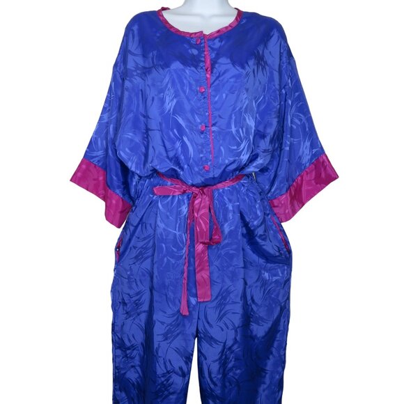Vintage 80s Jumpsuit Womens Pink Purple Taper Leg Pockets Tie Belt Button Front - Picture 2 of 13